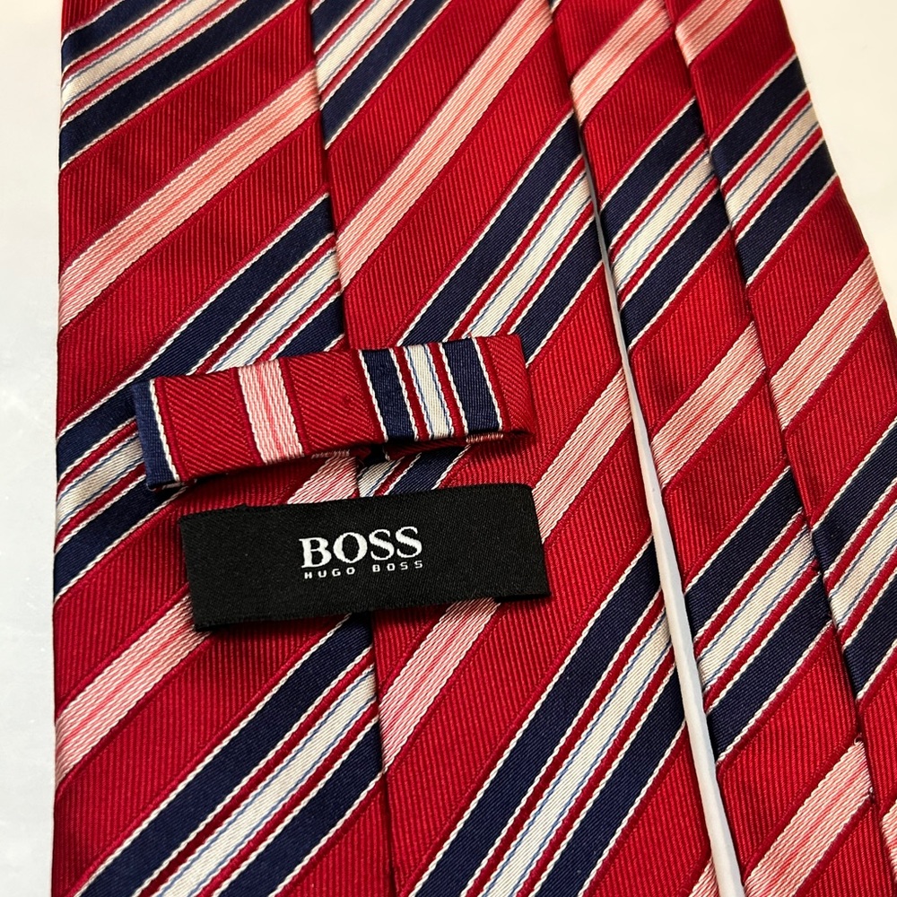 Hugo Boss Red and Blue Striped Silk Tie